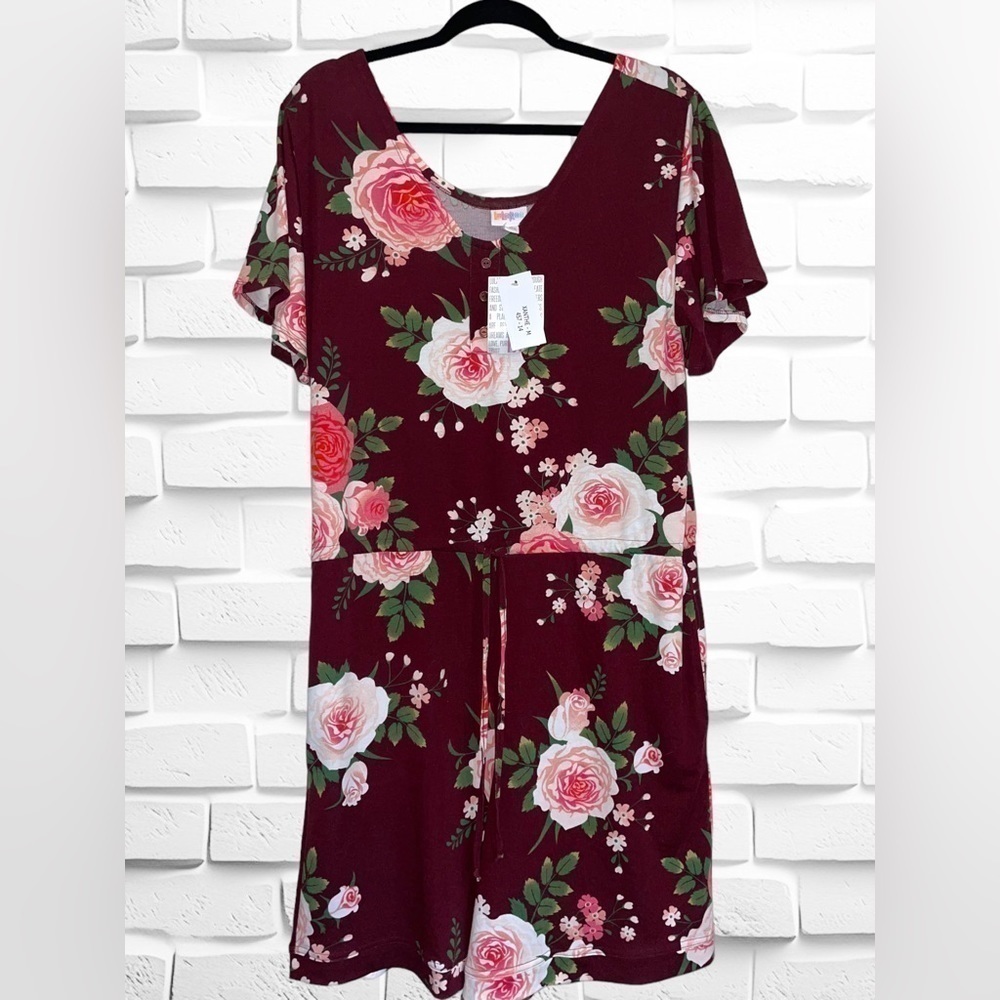 LuLaRoe Medium Women’s Xanthe Romper Burgundy w/Floral Designs Bell Sleeves Boho